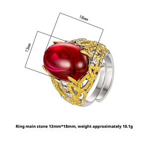 Bijoux écologiques en cuivre plaqué or, ovales, 13*18 mm, avec corindon rouge et zircon, pour femmes, grandes bagues à bande creuse - Product Image 6