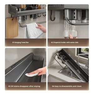Étagère de <span class=keywords><strong>rangement</strong></span> murale pour <span class=keywords><strong>cuisine</strong></span>, sans perçage, grande capacité, organisateur d'épices, de <span class=keywords><strong>couteaux</strong></span>, de baguettes, de cuillères, facile à nettoyer - Product Image 4
