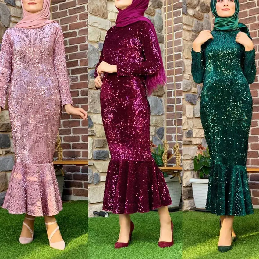 Oem cộng với kích thước hồi giáo quần áo khiêm tốn maxi váy phụ nữ sequin buổi tối ăn mặc Arab dân tộc quần áo phụ nữ hồi giáo Dresses