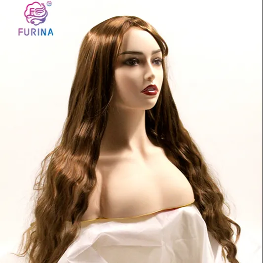 Furina Fashion wig rambut sintetis renda depan, gaya rambut sangat lebat panjang keriting cokelat muda dengan pinggiran untuk wo