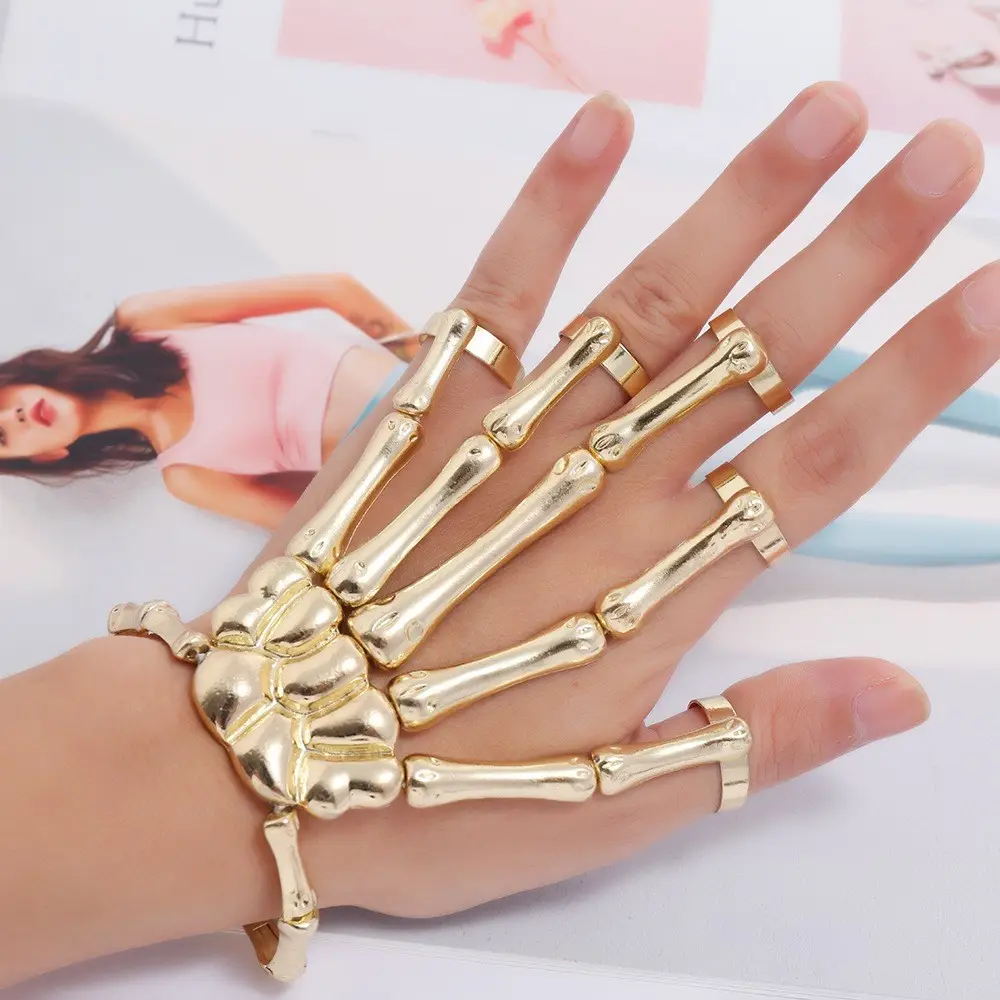 2022 Halloween Skull Skeleton Metal Fingers Hand Bone Bracelet with Adjustable Ring Wristband Handmade Punk Jewelry