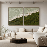 Peinture sur toile acrylique texturée artisanale minimaliste Wabi Sabi, vert olive et blanc, motif vague, paysage marin, cadre en aluminium