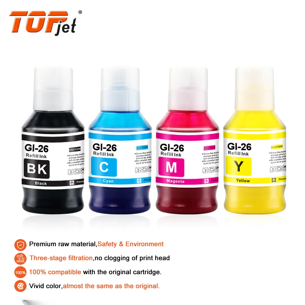 Topjet Premium GI26 GI 26 colore GI-26 compatibile bottiglia di inchiostro a base d'acqua per stampante a getto d'inchiostro Canon Pixma GX6020 GX7020