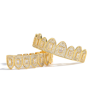 G023 <span class=keywords><strong>Grilz</strong></span> plaqué or/argent avec zircon carré, 8 dents supérieures et 8 dents inférieures, bijoux Hip Hop pour homme, cadeau - Product Image 2