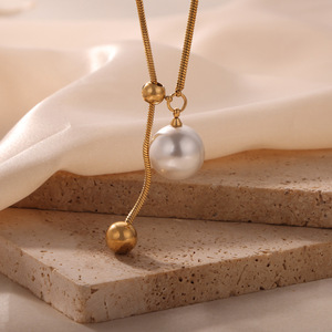 Collier en Y doré avec pendentif perle, chaîne en acier inoxydable pour <span class=keywords><strong>femme</strong></span>, <span class=keywords><strong>bijou</strong></span> élégant et minimaliste - Product Image 5