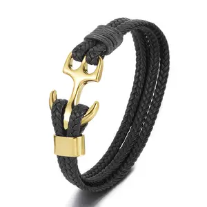 Retro Wholesale Anchor Beaded Stainless Steel Leather Bracelet Fashion Multi Layer Braided Leather Bracelet for Men