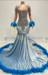 Ocstrade Abito da ballo rosso 2023 su misura con maniche a piuma e strass, elegante vestito da sera lungo da donna - Product Image 4