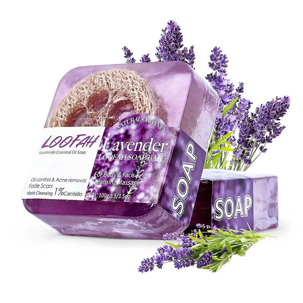 Etichetta privata rimuovi pelle Acne sapone di luffa di lavanda detergente e sbiancante profondo fatto a mano