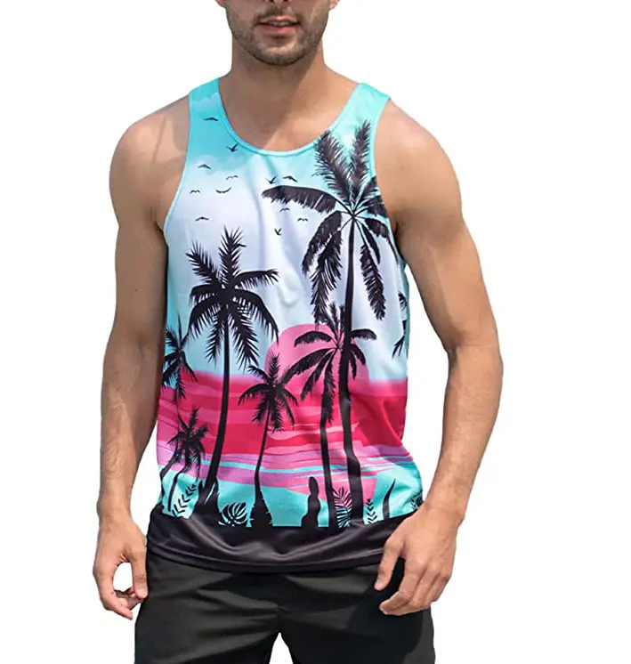 100% polyester mesh fabric sublimation Mens Beach Tank Top Summer 3D Graphic Quick Dry Sleeveless Tee Shirt Gym Workout Tanks