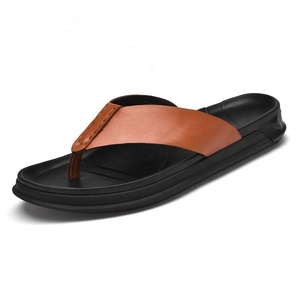 Sandales d'extérieur pour hommes en cuir véritable marron, à bout ouvert, semelle antidérapante en EVA, tongs d'été à imprimé léopard, séchage rapide - Product Image 3