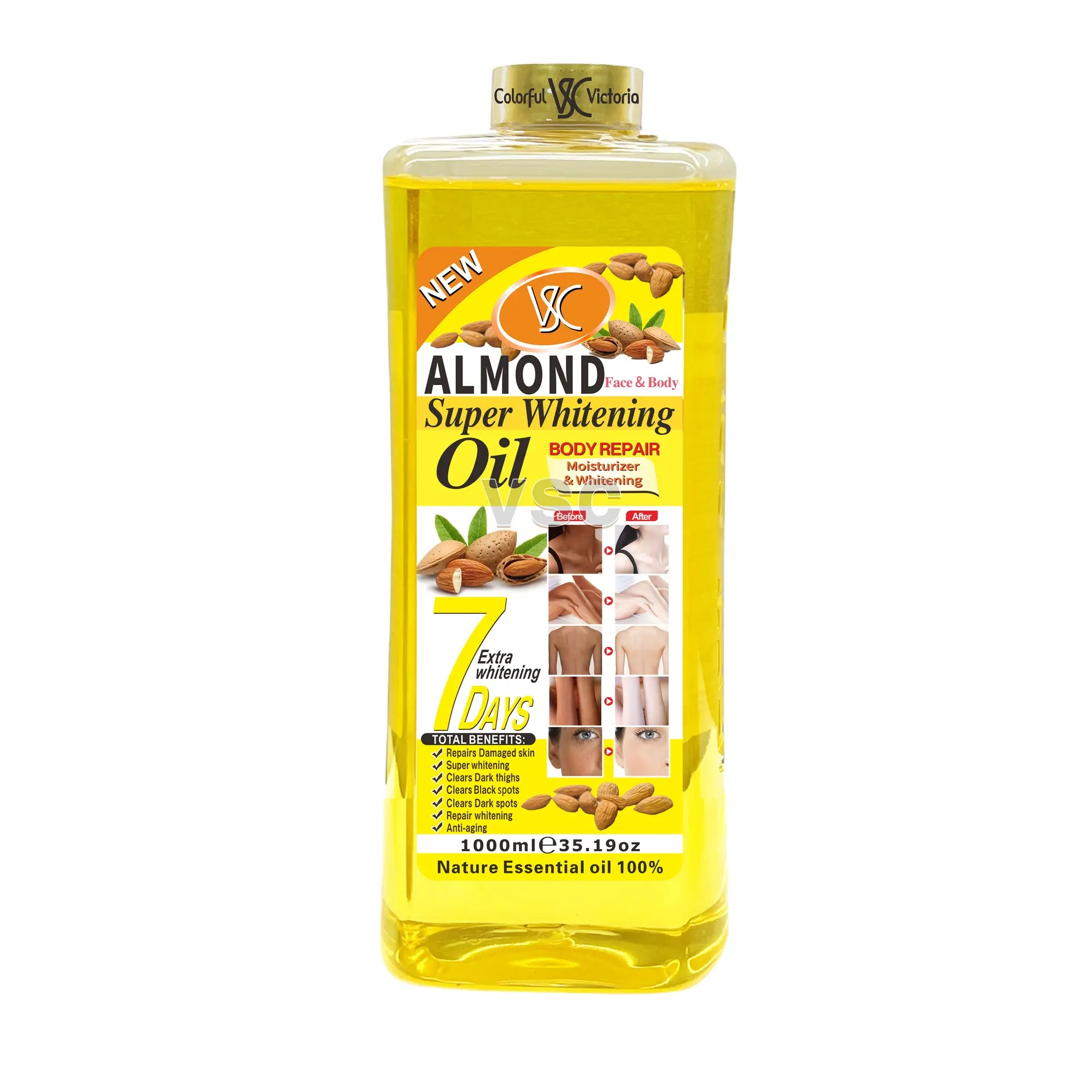 High Quality 1000ml Original Natural Almond 7 DAYS SUPER WHITENING OIL Series Dark Spot Corrector Anti-Aging Massage Gold Oil