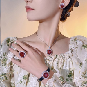 Wholesale Eco-friendly Copper Leather <b>Bracelet</b> Women <b>Set</b> 16-10mm Red Zircon High-grade Daily Matching Jewelry <b>Set</b> - Product Image 6