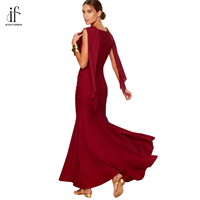 Robe de soirée moulante élégante pour femme, couleur bordeaux, avec col foulard et taille cintrée, idéale pour les banquets et les fêtes