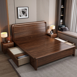 Walnut Solid Wood <b>Bed</b> 1.8m <b>Double</b> Storage High <b>Box</b> Modern Minimalist Chinese Style Bedroom Furniture - Product Image 1