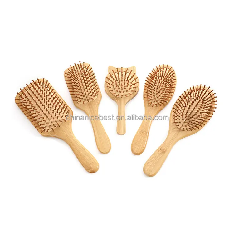 Kustom Logo wanita & Pria Detangling pijat sikat rambut Logo pribadi bambu dayung sikat rambut dengan kotak kemasan sikat rambut bambu
