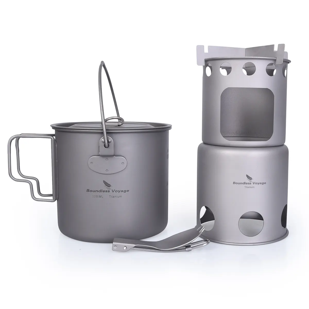 Grenzeloze Voyage Outdoor Titanium Draagbare Camping Koken Set Met Koken Pot Set Voor Picknick Rugzak