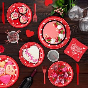 Paquete de Fiesta de San Valentín para 24 Personas, Directo de Fábrica, Juego de 144 Piezas con Platos, Servilletas, Vasos y Cubiertos Modernos en Rojo y Rosa - Product Image 5