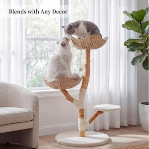 <span class=keywords><strong>Arbre</strong></span> <span class=keywords><strong>à</strong></span> <span class=keywords><strong>chat</strong></span> en bois massif au <span class=keywords><strong>design</strong></span> moderne, de luxe, fabriqué <span class=keywords><strong>à</strong></span> la main en bois de fruit, avec corde en sisal et perchoir en peluche - Product Image 1