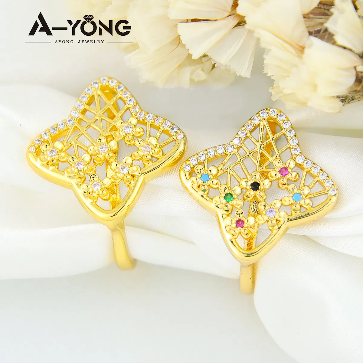 Simple Type Colorful Rings Jewelry Women Zirconia Four Leaf Clover 18k Gold Plated Ring