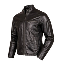 Veste en cuir d'agneau noir classique pour homme, coupe ajustée, coupe-vent, sportive, fermeture éclair sur le devant, logo, col montant