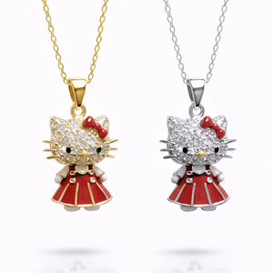 Collana con Ciondolo Hello Cat Personalizzato, Abito Rosso con Accenti in Zirconia, Gioielli Placcati Oro per Donne, Regali all'Ingrosso - Product Image 1