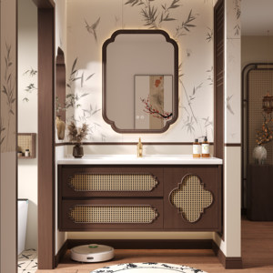 Meuble de salle de bain intelligent moderne et innovant en bois massif avec lavabo intégré en céramique peinte - Product Image 3