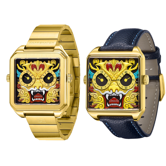 HappieWatch Gold Dragon Quartz Watch Rectangle Sapphire Crystal Stainless Steel Bracelet 3Bar Water Resistant