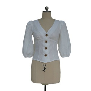 Chemise à col en V en lin rétro française, élégante, coupe ajustée, style décontracté, taille naturelle, en mousseline de soie, collection été 2021 pour femmes NR211 - Product Image 4