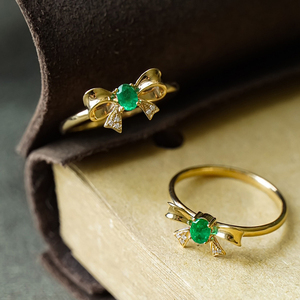 Aazuo 18K Solid Yellow Gold Real Diamonds Natural Emerald Everyday Wear Lovely Bowknot <b>Ring</b> Gift For Ladies <b>Kids</b> Birthday Party - Product Image 4