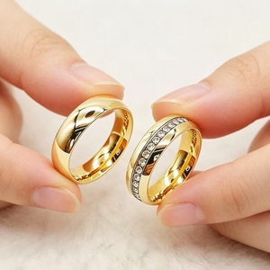 1 Pasang Cincin Pasangan Emas Minimalis dengan Zircon Eternity & Cincin Polos Poles Halus, Cincin Janji Pernikahan untuk Kekasih - Product Image 3