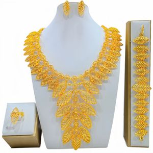 Conjunto de joyería chapada en oro de lujo para boda, regalo para novia, estilo Dubái, hecho a mano, exquisito conjunto de collar, aretes, pulsera y anillo de metal. - Product Image 4
