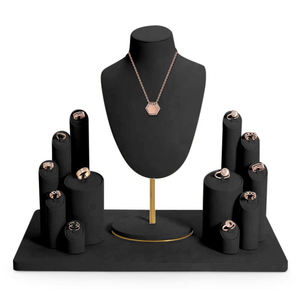 Showcase Jewelry Ring Bracelet <b>Earring</b> Necklace Black Microfiber Display Set Metal Jewelry Display Stand - Product Image 1