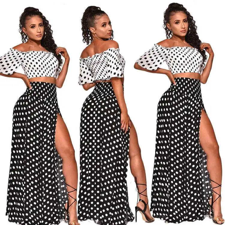 2022 Sexy Spotted Off Shoulder Slit Beach Dress 2Pcs Set Robe Plage Chic Women'S Beach Dresses And Tops