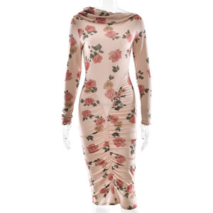 Vestido Ajustado de Manga Larga con Estampado Floral y Hombros Descubiertos, Estilo Europeo Americano para Mujer, Otoño 2025, Ropa de Cóctel - Product Image 5