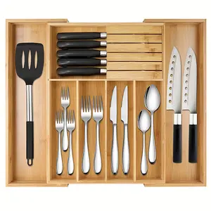 竹制银器抽屉收纳器、餐具厨房用具刀架、餐具、勺子和刀具