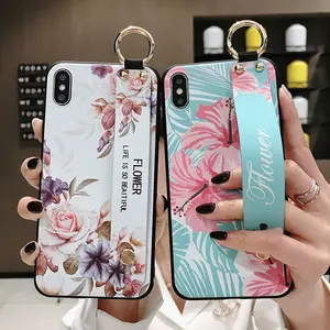 Wrist Strap Case For iphone 7 6s plus 6.1 5.8 11 Pro Max Case For iphone XR X Xs Flower Soft TPU Phone Holder Case