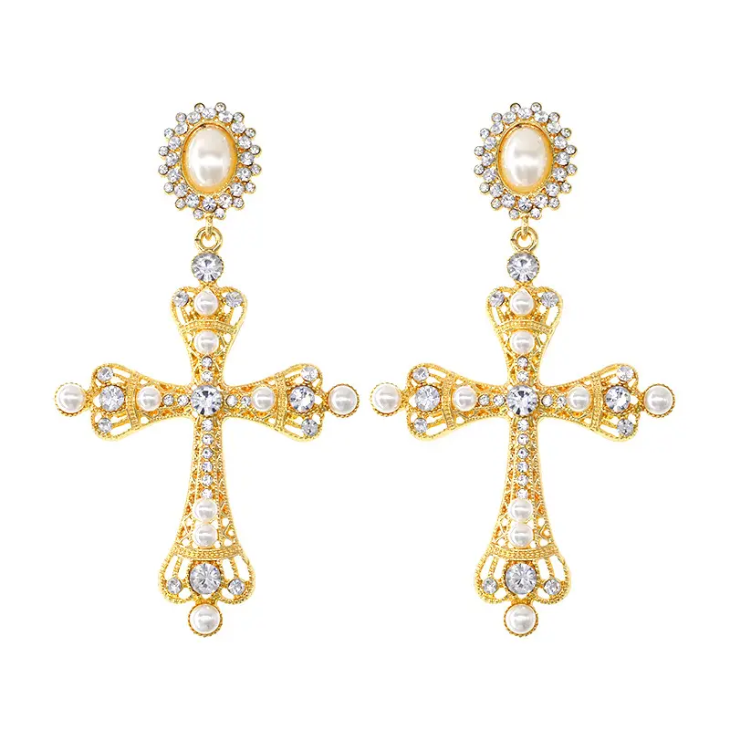 New Korean baroque long cross earrings for girls pink crystal encrusted pearl earring decoration for wedding party