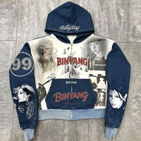 Veste d'hiver oversize courte en coton tricoté 100% avec impression numérique, style streetwear personnalisé, effet vintage délavé et usé, avec fermeture éclair et capuche