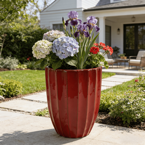 Ensemble de pots à fleurs en céramique de style américain, finition brillante bordeaux, texture côtelée verticale, pour intérieur, extérieur, maison, jardin, patio, décoration - Product Image 1