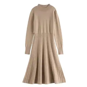 Wholesale of new solid color A-line wool dresses, high necked slim fitting long sleeved dresses, women's dresses and sweaters