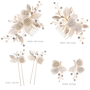 2023 céramique fleur épingle à <span class=keywords><strong>cheveux</strong></span> ensemble doux feuille d'or peignes latéraux coiffure de mariage de mariée <span class=keywords><strong>avec</strong></span> couronnes et couronnes et diadèmes accessoire - Product Image 1
