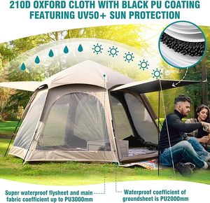 Tente de camping automatique OEM, tente hexagonale avec 2 portes et <span class=keywords><strong>4</strong></span> fenêtres, imperméable, protection solaire, tente de camping familiale - Product Image 4