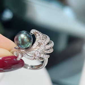 Peacock Tail style 8-9mm Tahitian Black Pearl <b>Ring</b>, Colorful Luster Seawater Pearl, <b>925</b> Sterling <b>Silver</b> Vintage Ornate Jewelry - Product Image 3