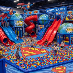 สนามเด็กเล่นในร่มสไตล์ซูเปอร์แมน อุปกรณ์สวนสนุกสำหรับเด็ก พร้อมสไลเดอร์ บ่อบอล และเกมต่างๆ - Product Image 1
