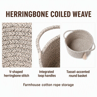 Panier cadeau rond en corde de coton tressée style ferme avec poignées en chevron et pompon pour la maison - Vente en gros