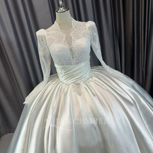 Lscm86 Elegante Vestido de Novia Blanco de Satén con Encaje, Manga Larga, Cintura Fruncida, Estilo Princesa, con Espalda de Encaje, Jancember - Product Image 3