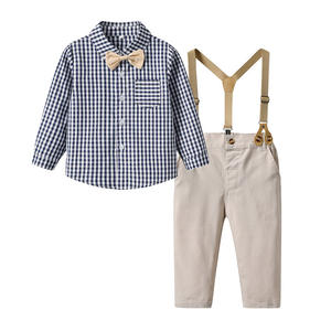 Vente en gros Tendance Printemps Automne <span class=keywords><strong>Chemise</strong></span> à carreaux en coton à manches longues Pantalon à bretelles avec nœud papillon Costume de garçon Gentleman - Product Image 2