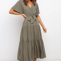 Robe longue unie à col en v pour femmes, en coton rouge décontracté, à manches courtes, à la mode, été, MOTE-ZC828