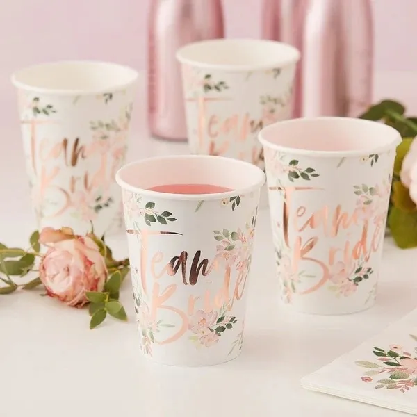 Nicro-Juego de tazas de papel desechables con purpurina rosa dorada, decoración de mesa de fiesta para novia y Niña