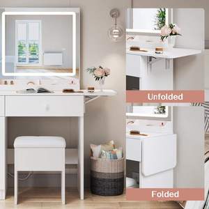 Coiffeuse avec miroir et éclairage, coiffeuse de maquillage avec station de charge, ensemble de coiffeuse avec armoire de rangement, tiroirs et chaise - Product Image 6